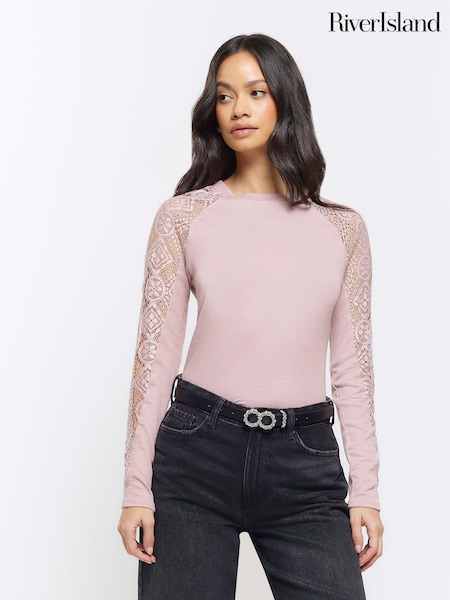 River Island Pink Lace Sleeve Detail  Long Sleeve Top (B72173) | €22