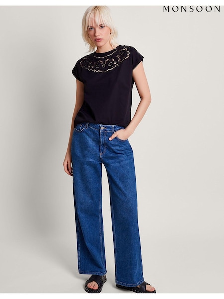Black - Monsoon Cutwork Garcia 100% Cotton T-Shirt (B72252) | 139 LEI