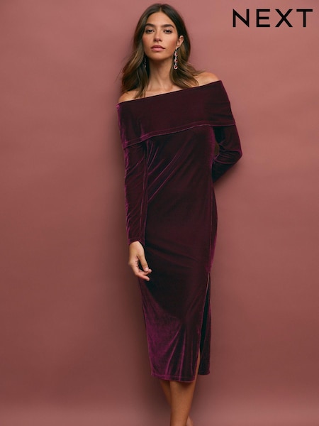 Burgundy Red Bardot Velvet Midi Dress (B72256) | AED172