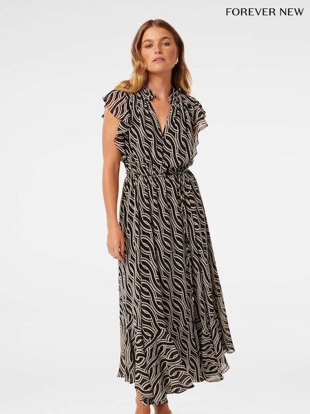 Forever New Black Maxine Petite Ruffle Sleeve Midi Dress (B72402) | €66