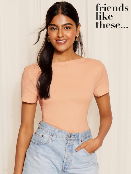 Vaaleanpunainen - Friends Like These Lyhyt hiha Jersey Cotton Ribbed Boat Neck T-paita (B72459) | €16
