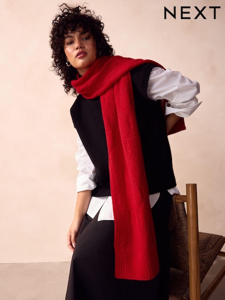 Red Soft Touch Co-ord Cable Knitted Scarf with Wool (B72478) | €9.50