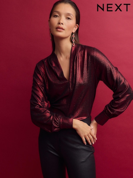 Red Long Sleeve Shimmer V-Neck Blouse (B72480) | 119 QAR