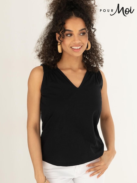 Pour Moi Black Maya 100% Cotton Slub Jersey Built Up V-Neck Vest (B72488) | $44