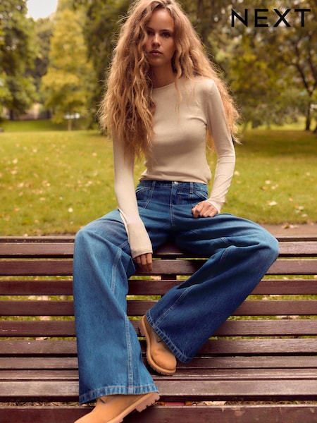 Blue Adjustable Cinch Back Wide Leg 100% Cotton Jeans (B72494) | $54