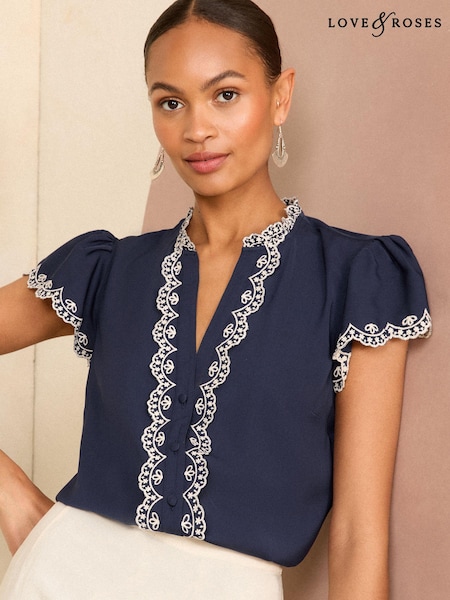 Темно-синий атлас - Love & Roses Ruffle Trim V Neck Flutter Sleeve Blouse (B72696) | €24