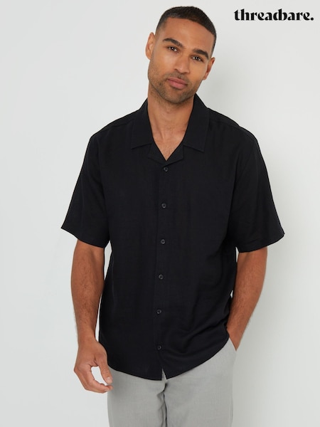 Threadbare Black Linen Blend Revere Collar Short Sleeve Shirt (B72742) | €37