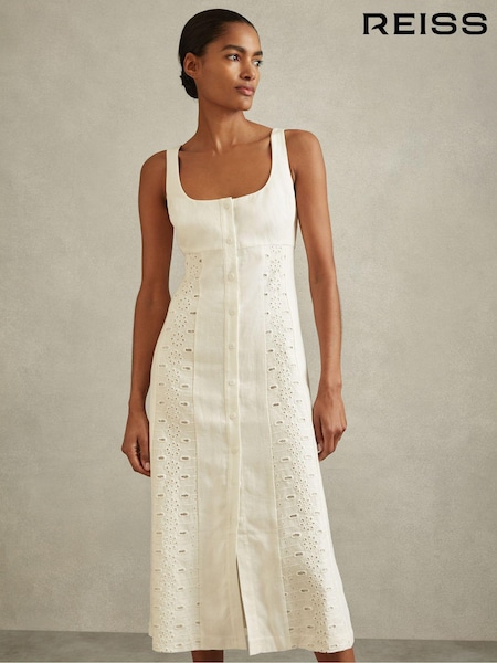 Reiss Ivory Clarice Linen Broderie Midi Dress (B72912) | €95