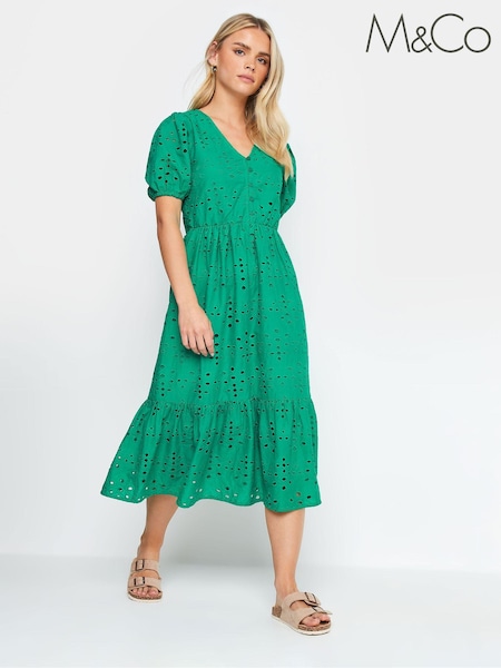 M&Co Green 100% Cotton Petite Broderie Anglaise Midi Dress (B72982) | €34