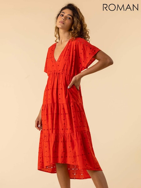 Roman Red Broderie 100% Cotton Tiered Smock Dress (B72988) | €42