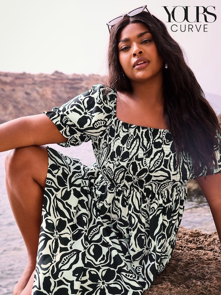 Yours Curve Black Abstract Floral Print Shirred Midi Dress (B73011) | €49