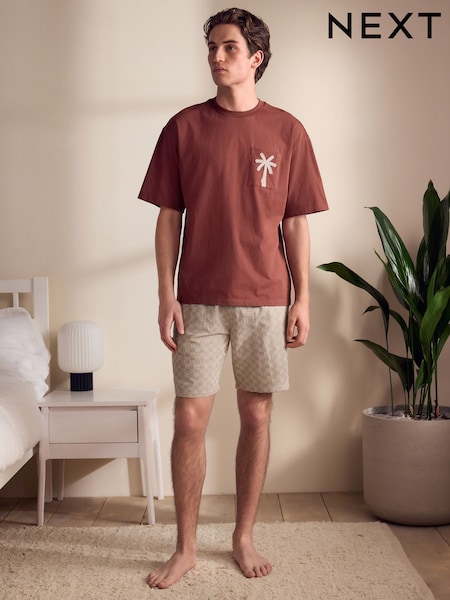 Rust Brown/Black Woven Embroidered T-Shirt Pyjamas Shorts Set (B73120) | €48