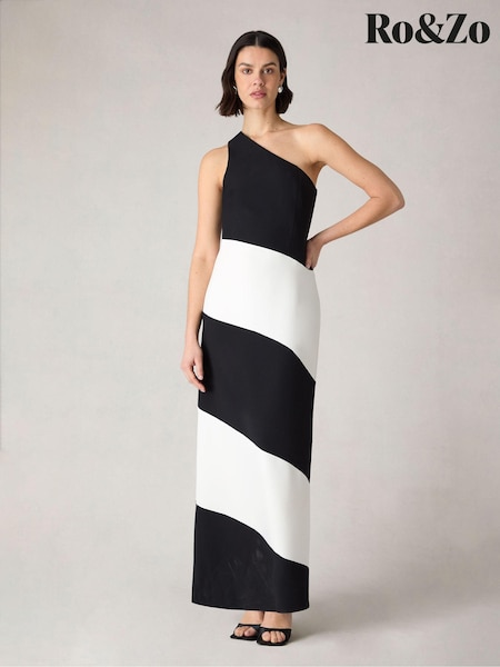Ro&Zo Black Petite Sofia Mono Stripe One Shoulder Maxi Dress (B73135) | €102