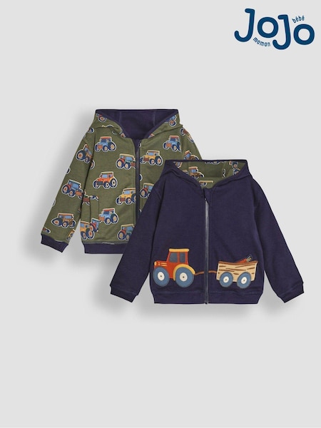 JoJo Maman Bébé Navy Blue & Green Tractor & Trailer Tractor and Trailer Applique Reversible Hoodie (B73141) | €45