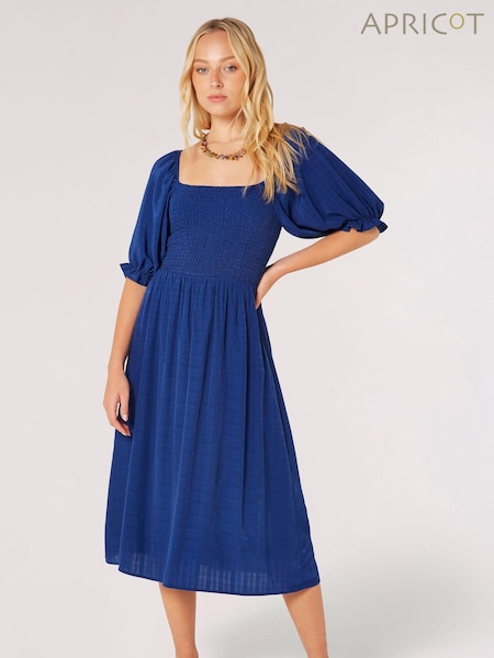 Apricot Blue Self-Check Smocked Milkmaid Midi Dress (B73180) | €35