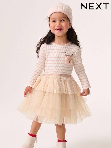 Pink Long Sleeve Sparkly Christmas 3D Reindeer Dress (3mths-7yrs) (B73359) | AED78 - AED92