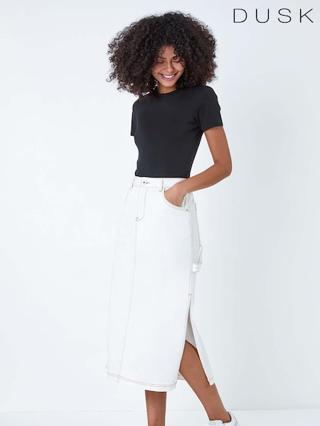 Dusk White Cotton Denim Side Split Midi Skirt (B73401) | AED110