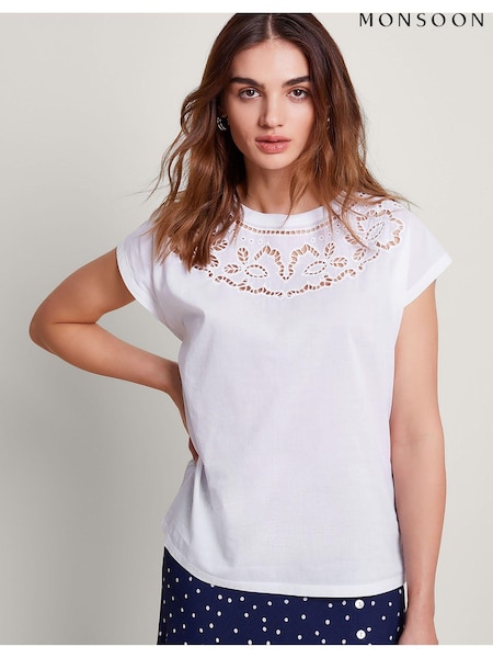 White - Monsoon Cutwork Garcia 100% Cotton T-Shirt (B73455) | 163 LEI