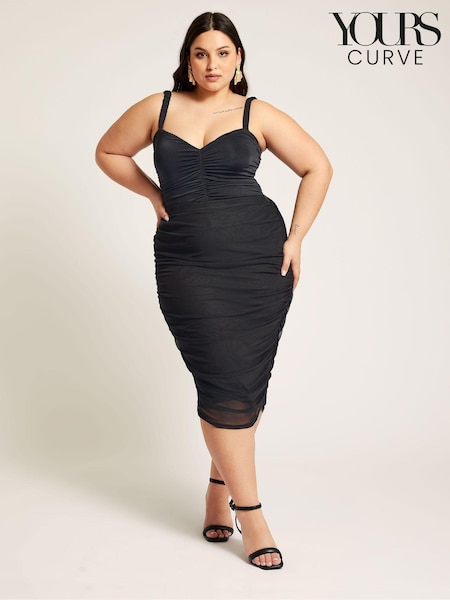 Yours Curve Black Mesh Gathered Midi Skirt (B73693) | 178 QAR