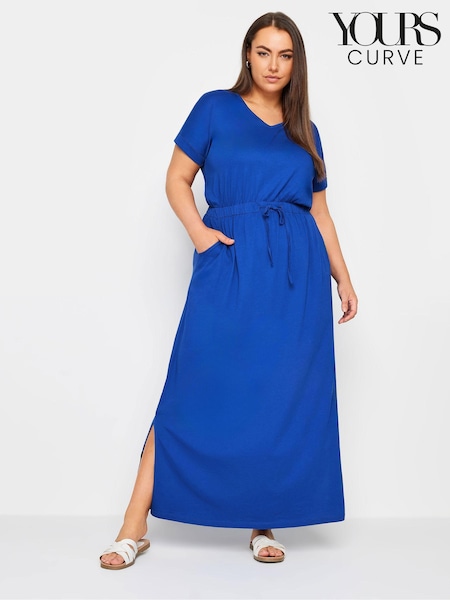 Yours Curve Blue 100% Cotton Side Split Drawcord Maxi Dress (B73727) | €38