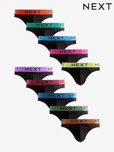 Black Metallic Green/Blue Waistband - מארז של 10 - Cotton Rich Briefs (B73830) | ‏152‏₪