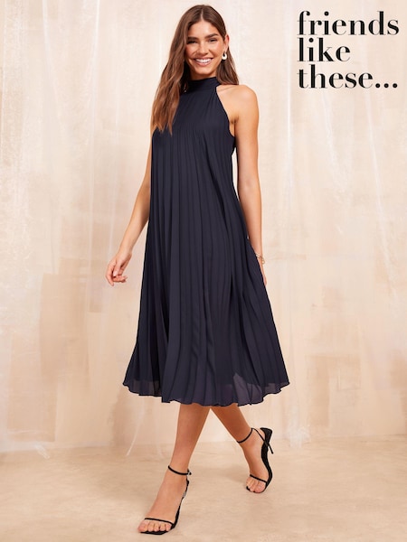 Friends Like These Navy Blue Halter Neck Pleated Midi Dress (B73835) | 153 QAR