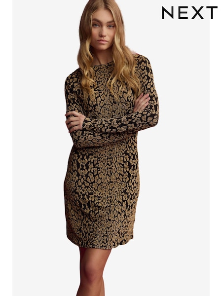 Animalprint/Glitzerprint - Langärmliges Minikleid aus glitzerndem Jaquard (B73851) | 12 €