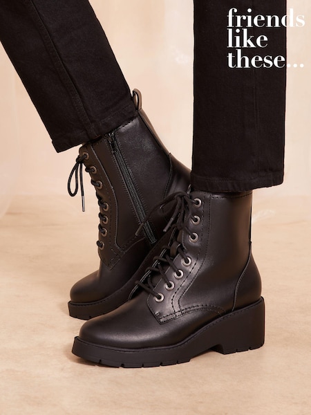 Friends Like These Black Low Wedge Lace Up Chunky Faux Leather Ankle Boot (B73916) | €37