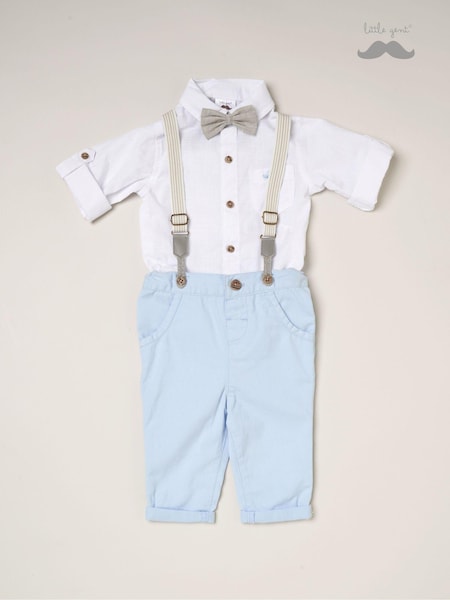 Little Gent Blue 100% Cotton Shirt Bodysuit Bowtie Loop Brace & Trousers Outfit Set (B74078) | AED81