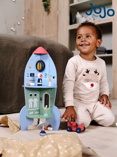 JoJo Maman Bébé Cream Cotton Christmas Reindeer Striped Pyjamas (B74105) | €35