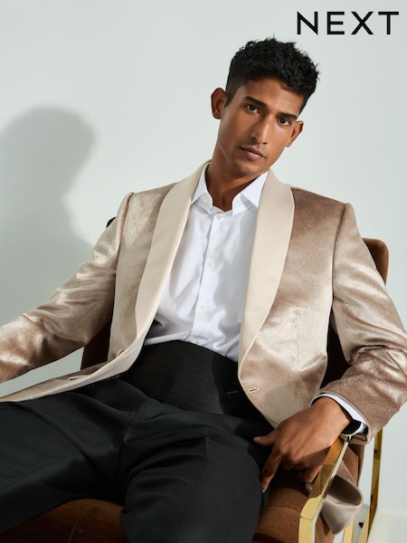 Champagne Gold Regular Fit Patterned Velvet Blazer (B74263) | 343 QAR