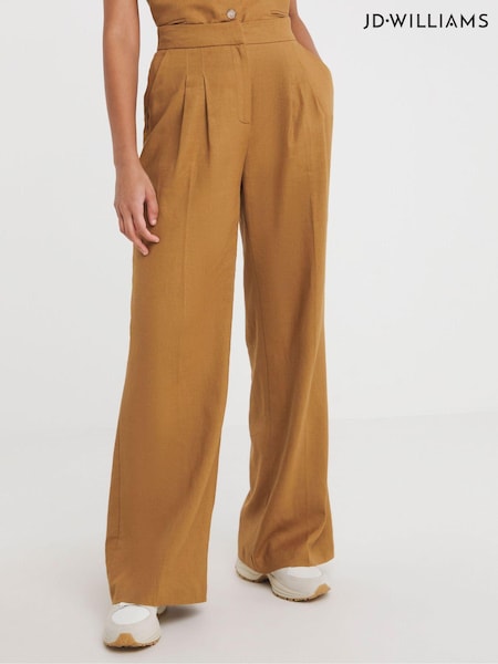 JD Williams Brown Linen Pleated Wide Leg Trousers (B74431) | €21.50