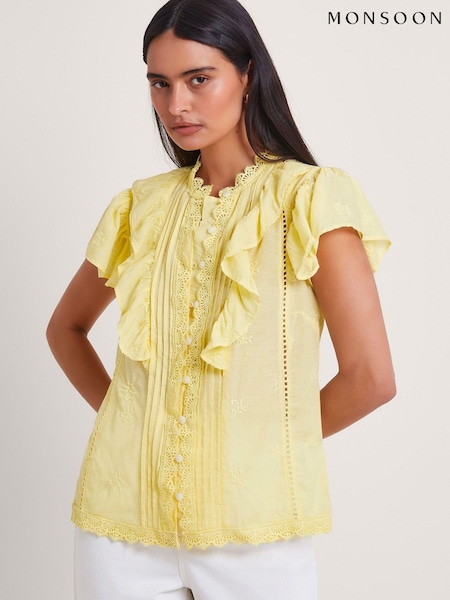 Monsoon Yellow Rue Embroidered Ruffle Blouse (B74444) | 232 LEI