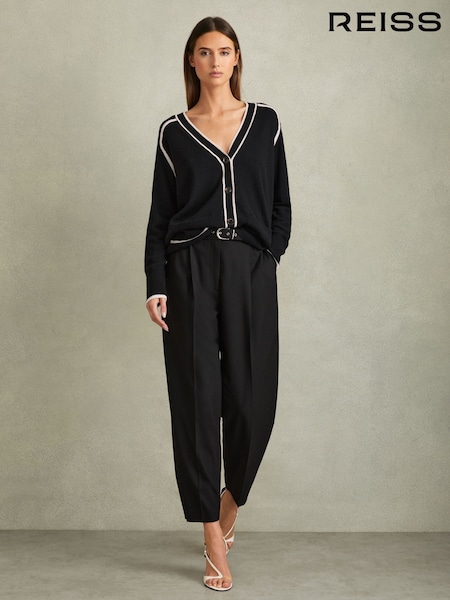 Reiss Black/Stone Abi Wool Blend Contrast Tipped Cardigan with Cashmere (B74461) | €85