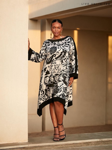 Live Unlimited Black Curve Floral Print Hanky Hem Kaftan (B74467) | €61
