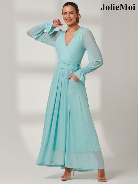 Jolie Moi Light Blue Greta Long Sleeve Mesh Maxi Dress (B74557) | 440 QAR