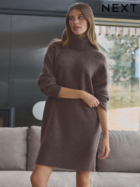Brown Mole 100% Wool High Roll Neck Short Knitted Jumper Dress (B74612) | €64