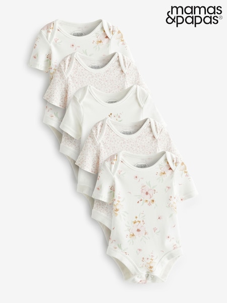 Mamas & Papas Cream 100% Cotton Flower Short Sleeve Bodysuits 5 Pack (B74648) | 25 €