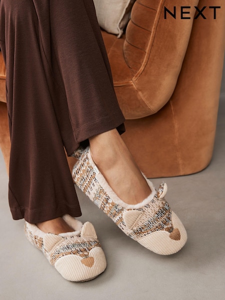 Neutral Cat Knitted Faux Fur Lined Ballet Slippers (B74690) | AED33
