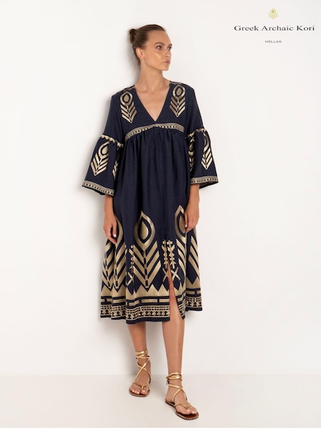 Greek Archaic Kori Blue Embroidered 100% Linen Bell Sleeve Mini Slit Dress (B74748) | €122