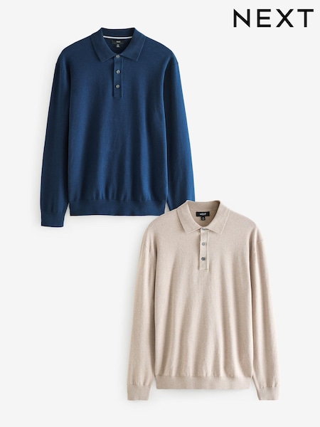 Navy Blue/Neutral Regular Fit Knitted Long Sleeve Polo Shirts 2 Pack (B74779) | 277 QAR