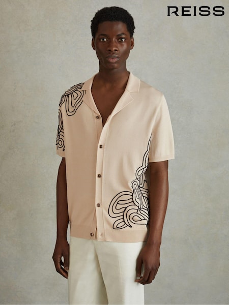 Reiss Cream Romance Jersey Embroidered Cuban Collar Shirt (B74827) | €200