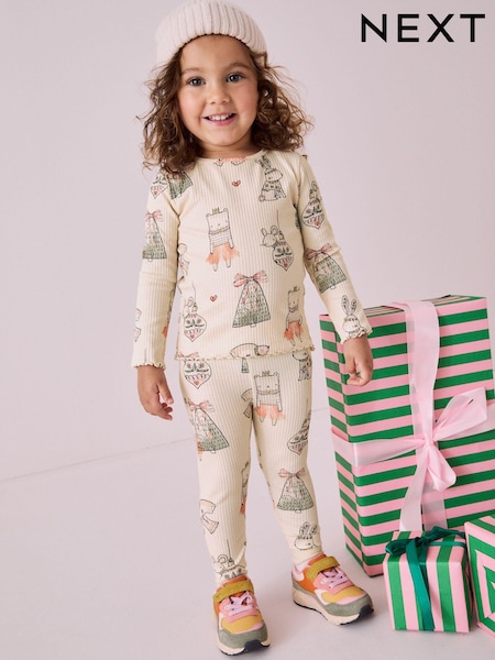 Cream Christmas Bunny Characters Rib Long Sleeve Christmas Top and Leggings Set (3mths-7yrs) (B74982) | AED35 - AED49