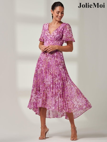 Jolie Moi Purple Floral Pleated Dip Hem Chiffon Maxi Dress (B75084) | 391 QAR