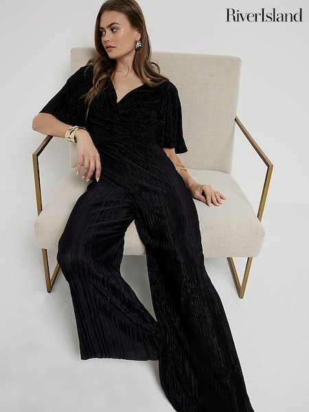 River Island Black Angel Sleeve Plisse Jumpsuit (B75086) | €31