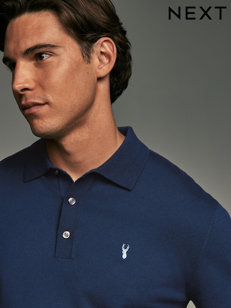 Blue Navy Stag Logo Regular Fit Knitted Long Sleeve Polo Shirt (B75375) | 3,985 ISK