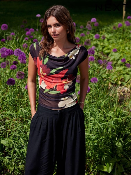 أحمر/أسود زهور - Kew Collection Sleeveless Ruched Mesh Top (B75438) | ‏6 ر.ع.‏