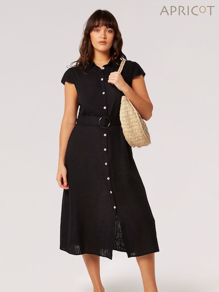 Apricot Black Vintage Midi Shirt Dress With Linen (B75450) | €22.50