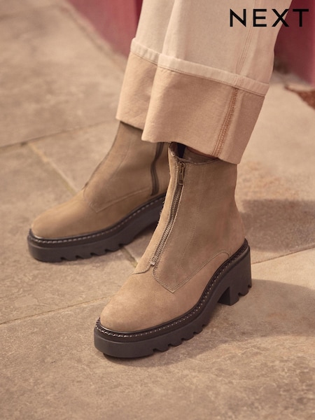 Khaki Green Suede Forever Comfort® Zip Front Heeled Boots (B75519) | AED151