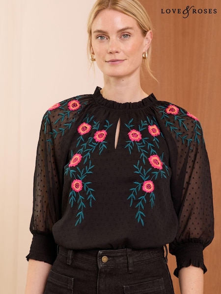 Love & Roses Embroidered Ruffle Neck Blouse (B75523) | 150 LEI